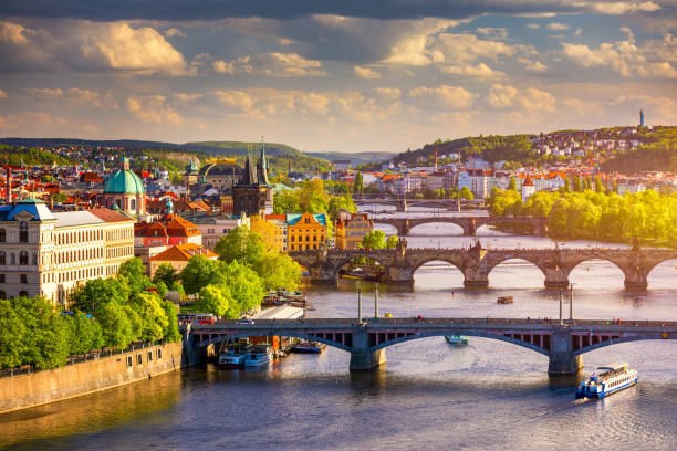 Amazing spring cityscape, Vltava river and old city center from Letna park, Prague, Czechia. Vltava river and Charles bridge, Prague, Czechia.