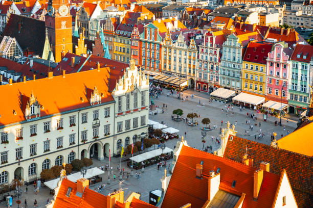 Aerial panoramic view of Wroclaw Market Square. Wroclaw, Poland, Europe